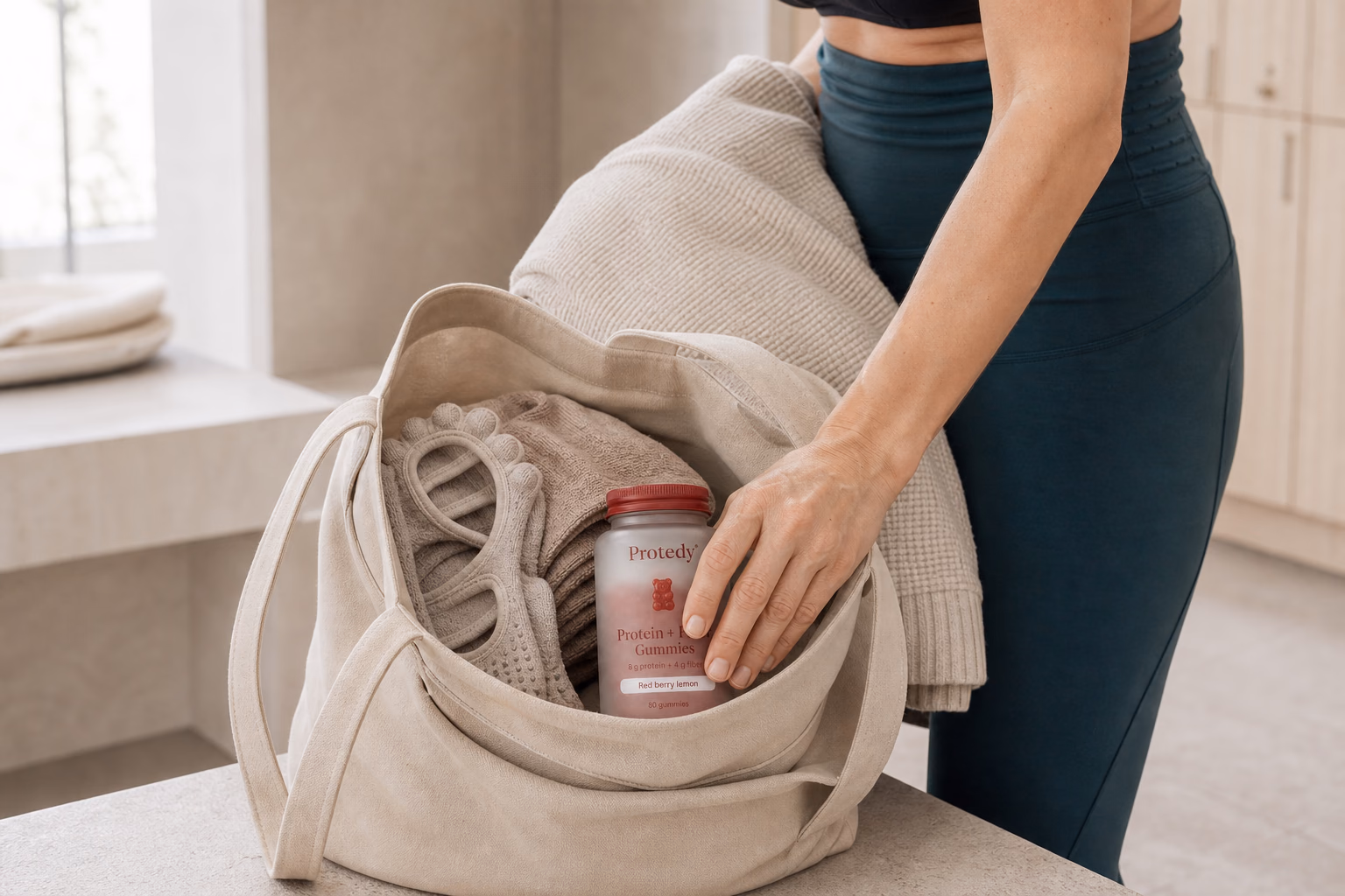 Woman packing grip socks, a towel and a PROTEDY bottle into a studio tote