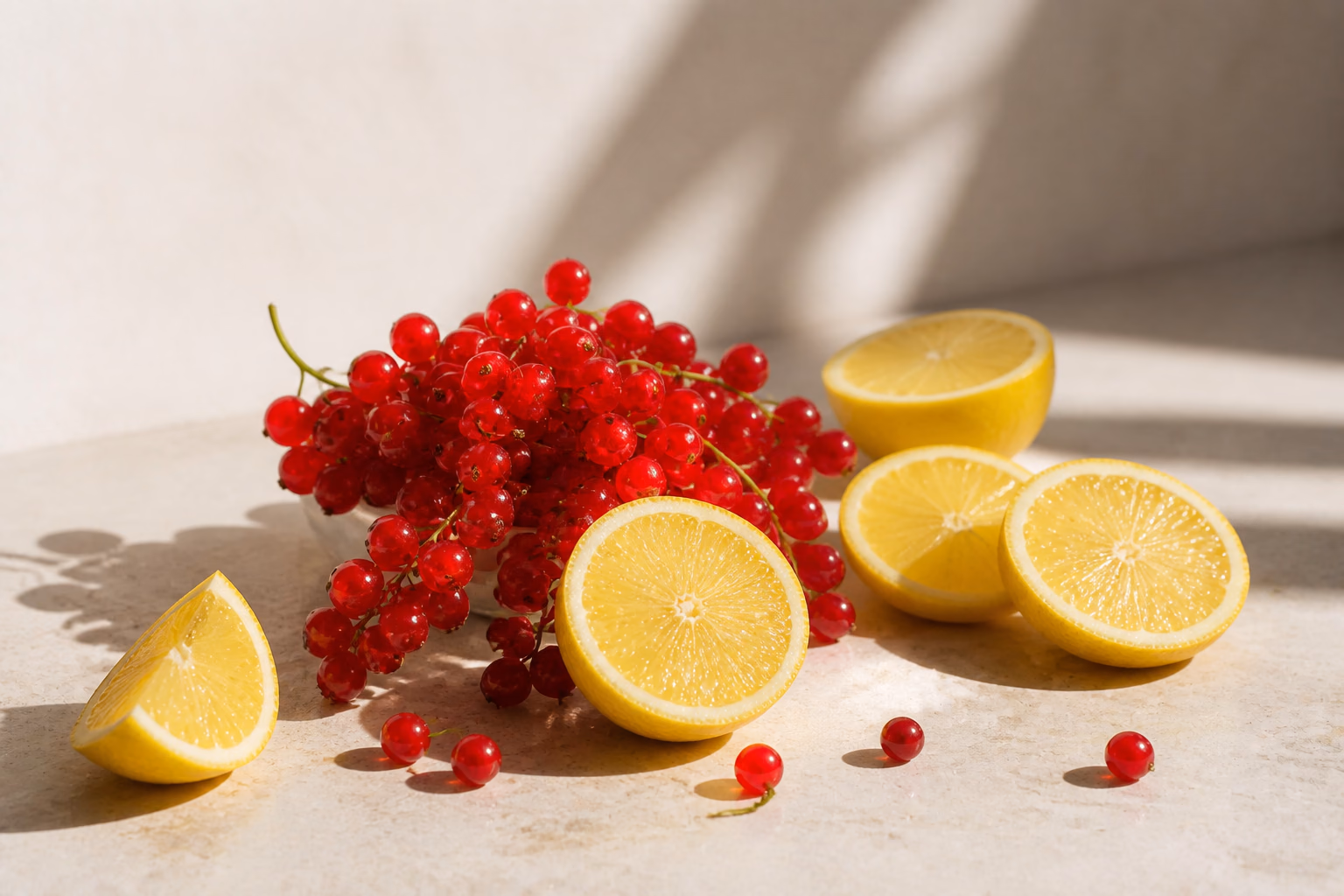 Red currants and sliced lemon arranged in a bright sunlit still life