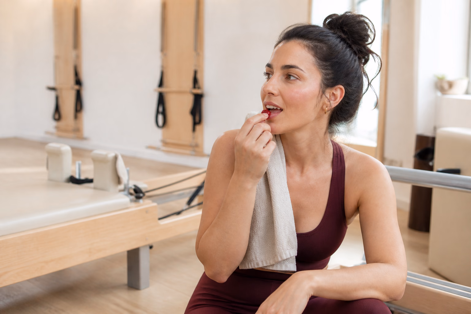 Woman enjoying a red gummy after a Pilates class