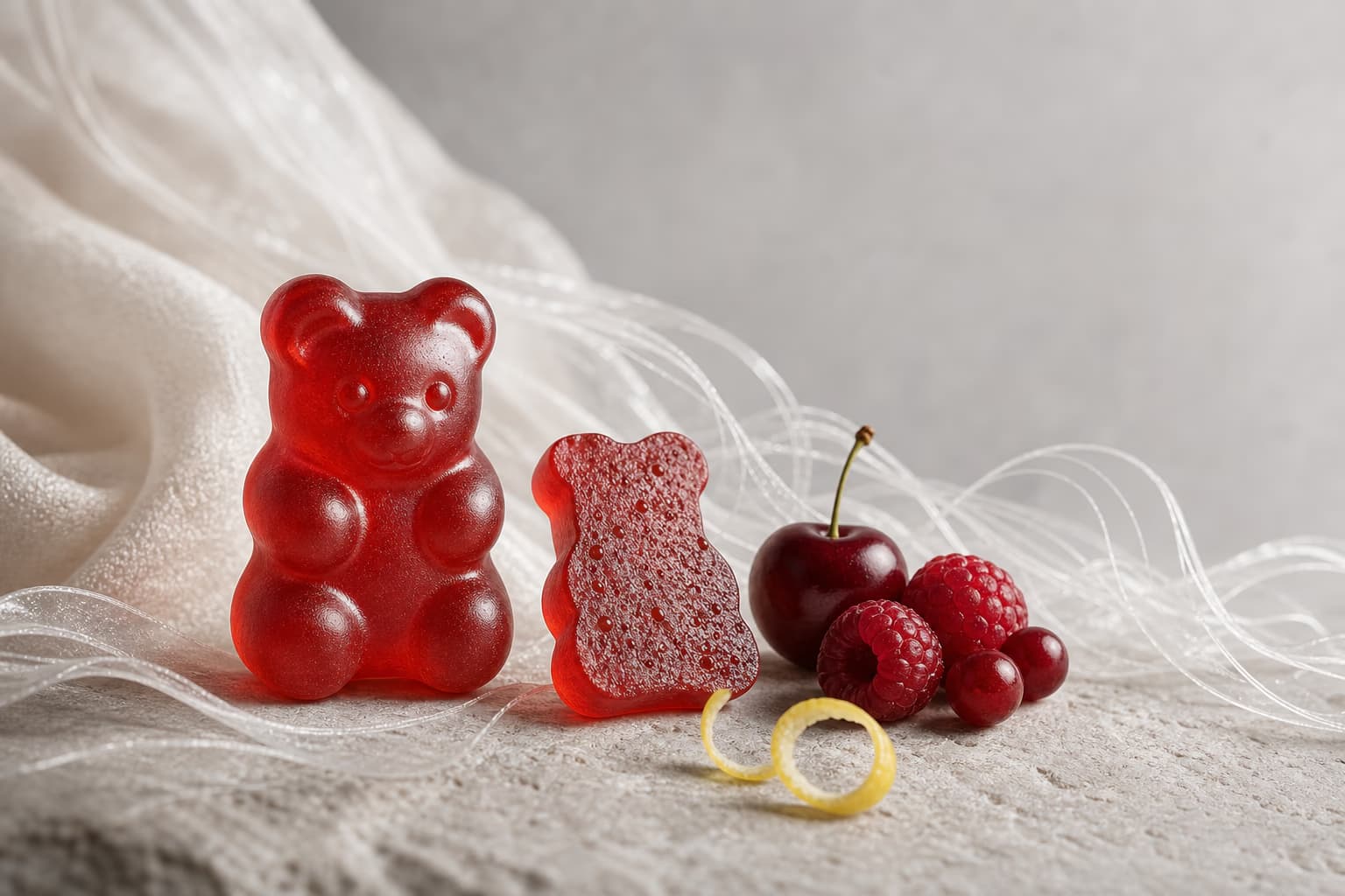 Ruby gummy with red berries and lemon beside the PROTEDY ingredient system