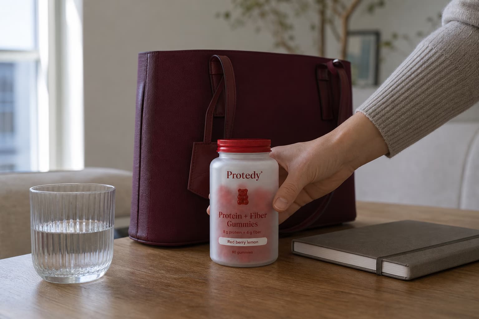 PROTEDY protein gummies beside a laptop in a calm desk setting